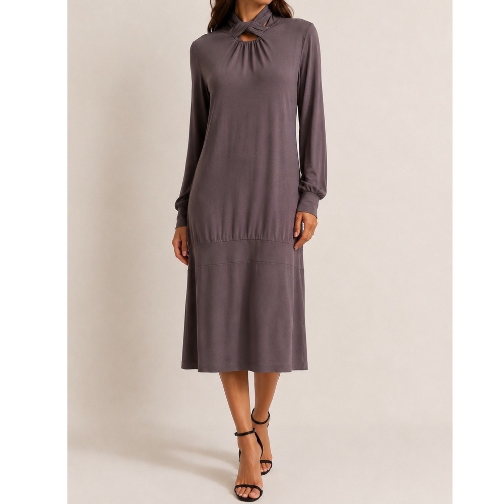 Reiss Gray Twist Neck Drop Waist Viscose Midi Dress Large Long Sleeve